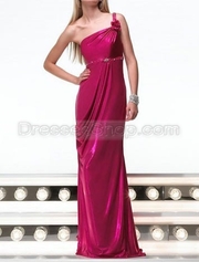 Sheath One-Shoulder  Beading Pleated Flower Chic Satin Prom Dresses