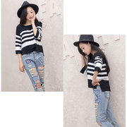 Women Pullover Knitted Sweater O-neck Striped Half Sleeve T Shirt