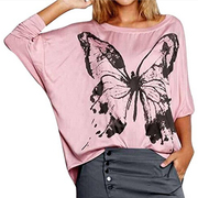 Women Butterfly Print Batwing Sleeve Hoodie Loose T Shirt