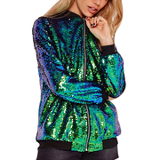 Womens Sequined Loose Zipper Bomber Jacket Baseball Coat